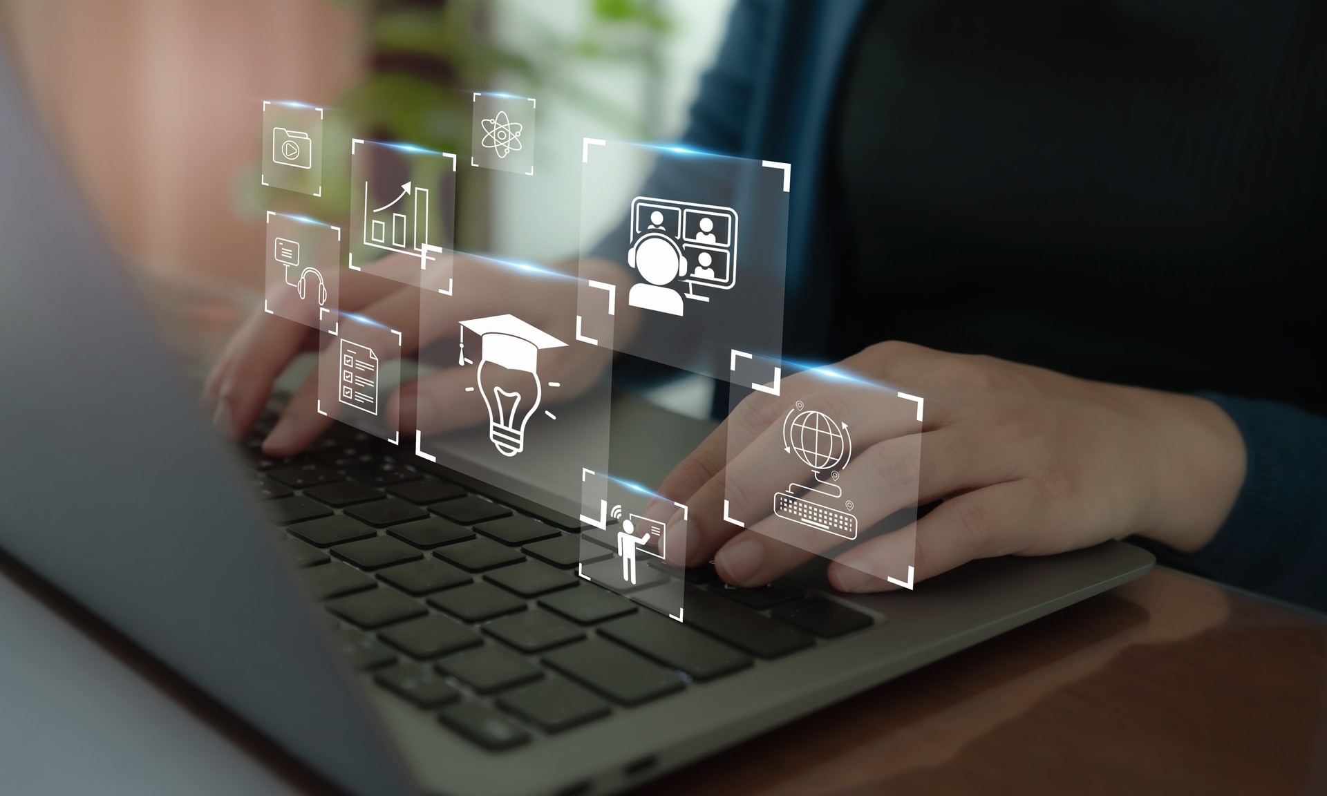 E learning technology concept. Online education, webinar, online courses.
AI and machine learning enhance personalised learning. Digital training to employee, compliance, customer, partner.